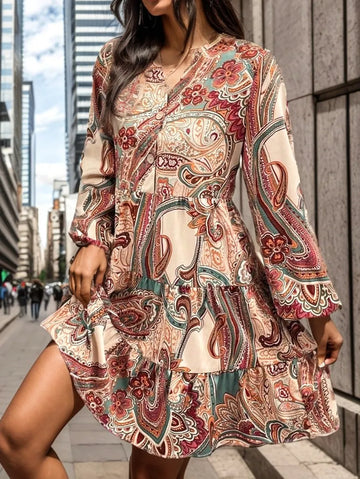 Bohemian Cashew Print Long-Sleeved Dress