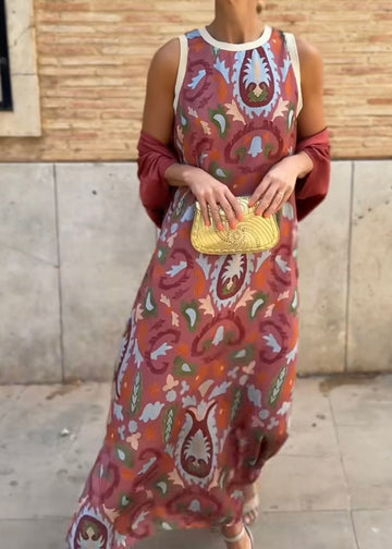 Boho Sleeveless Round Neck Printed Muse Long Dress with Cape