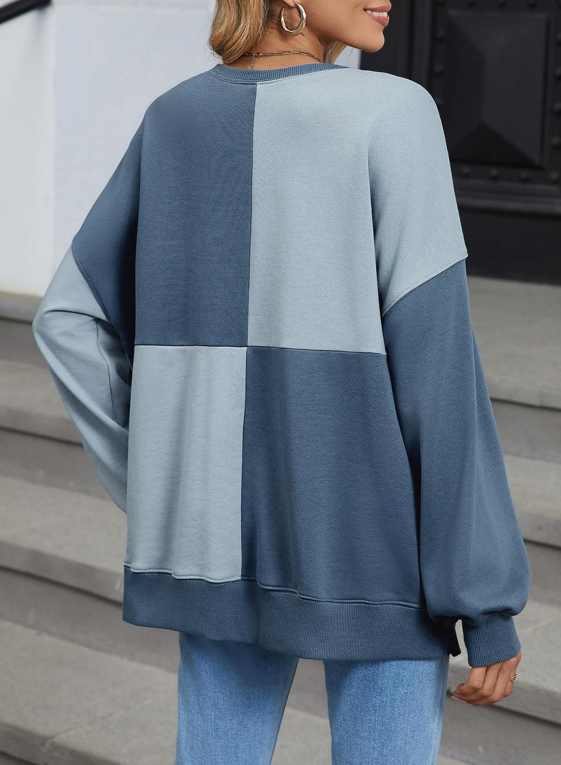 Women's Casual Color Block Loose Button Henley Pullover Top