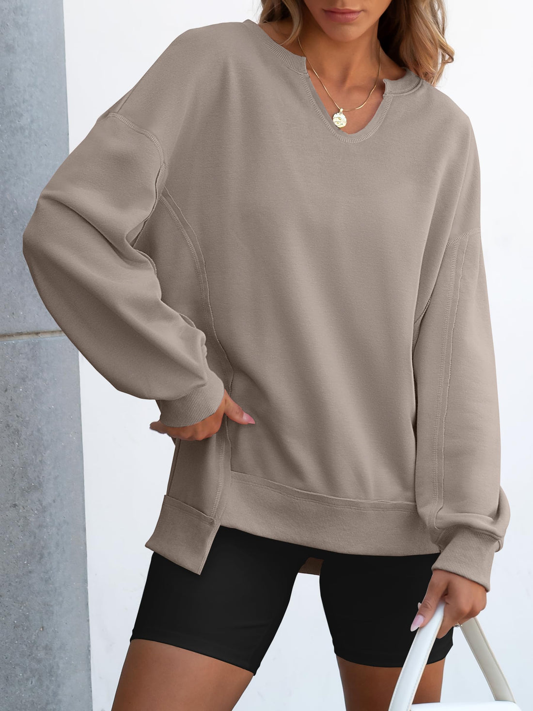 Women's Casual Oversized  V Neck Long Sleeve Sweatshirt