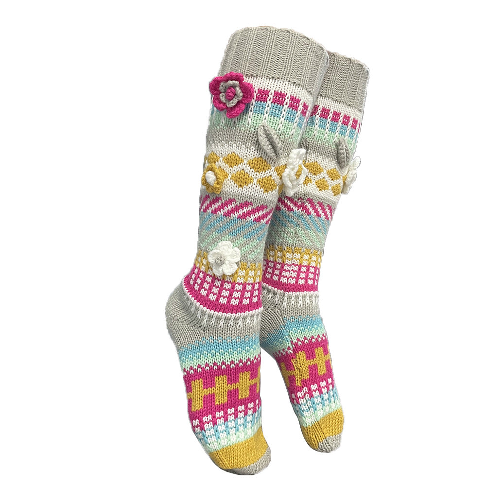 Women’s Knee High Socks with Crochet Flowers – Plush Long Boot Socks for Winter