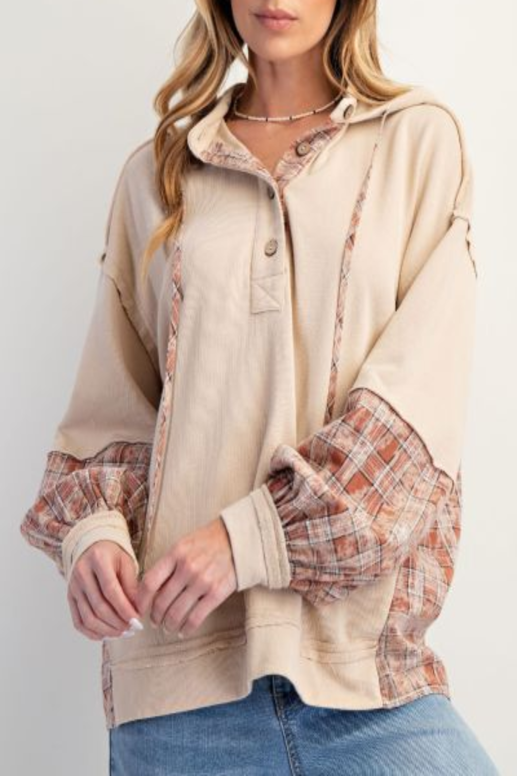 Plaid Mix Pullover Hoodie with Button Placket and Adjustable Hood