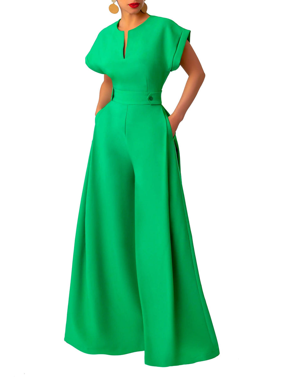 Women's Casual V-neck Wide Leg Jumpsuit With Pockets