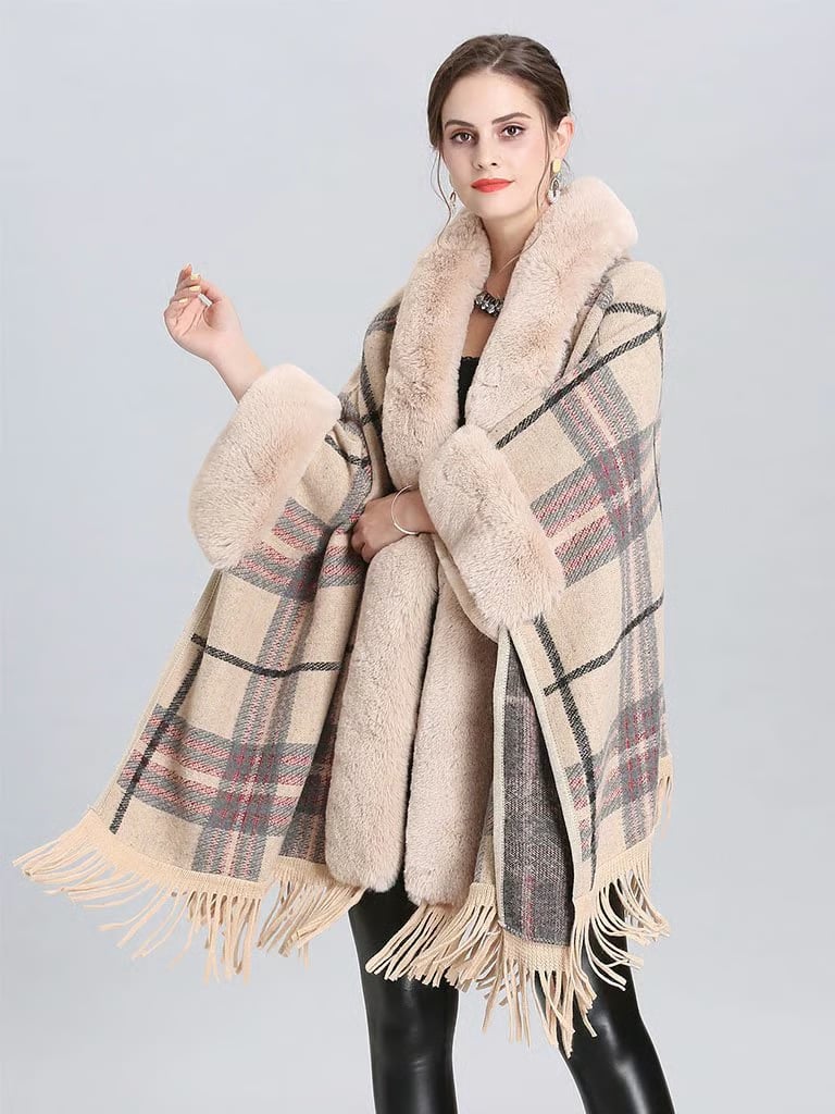 Faux Fur Coat Women Plaid Poncho Long Sleeve Batwing Oversized Cape Coat