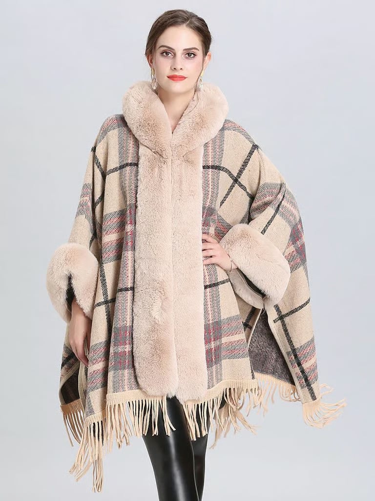 Faux Fur Coat Women Plaid Poncho Long Sleeve Batwing Oversized Cape Coat