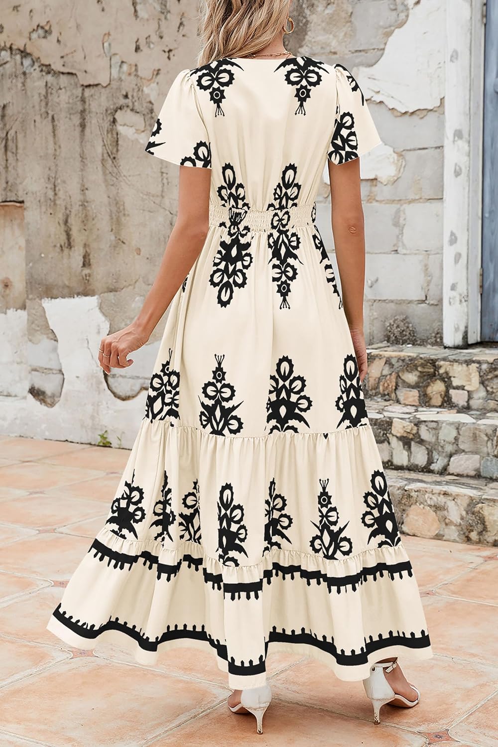 Womens Casual V Neck Boho Maxi Dress With Pockets