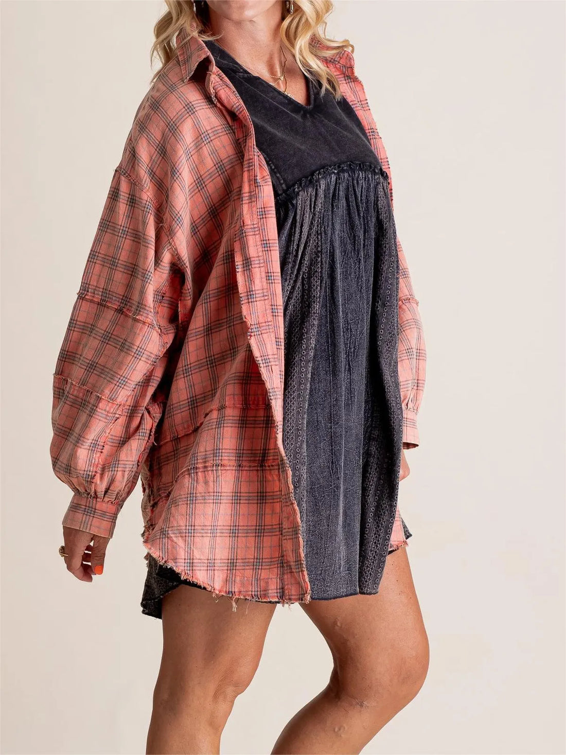 Oversized Women's Seamed Raw Edge Washed Shirt Jacket