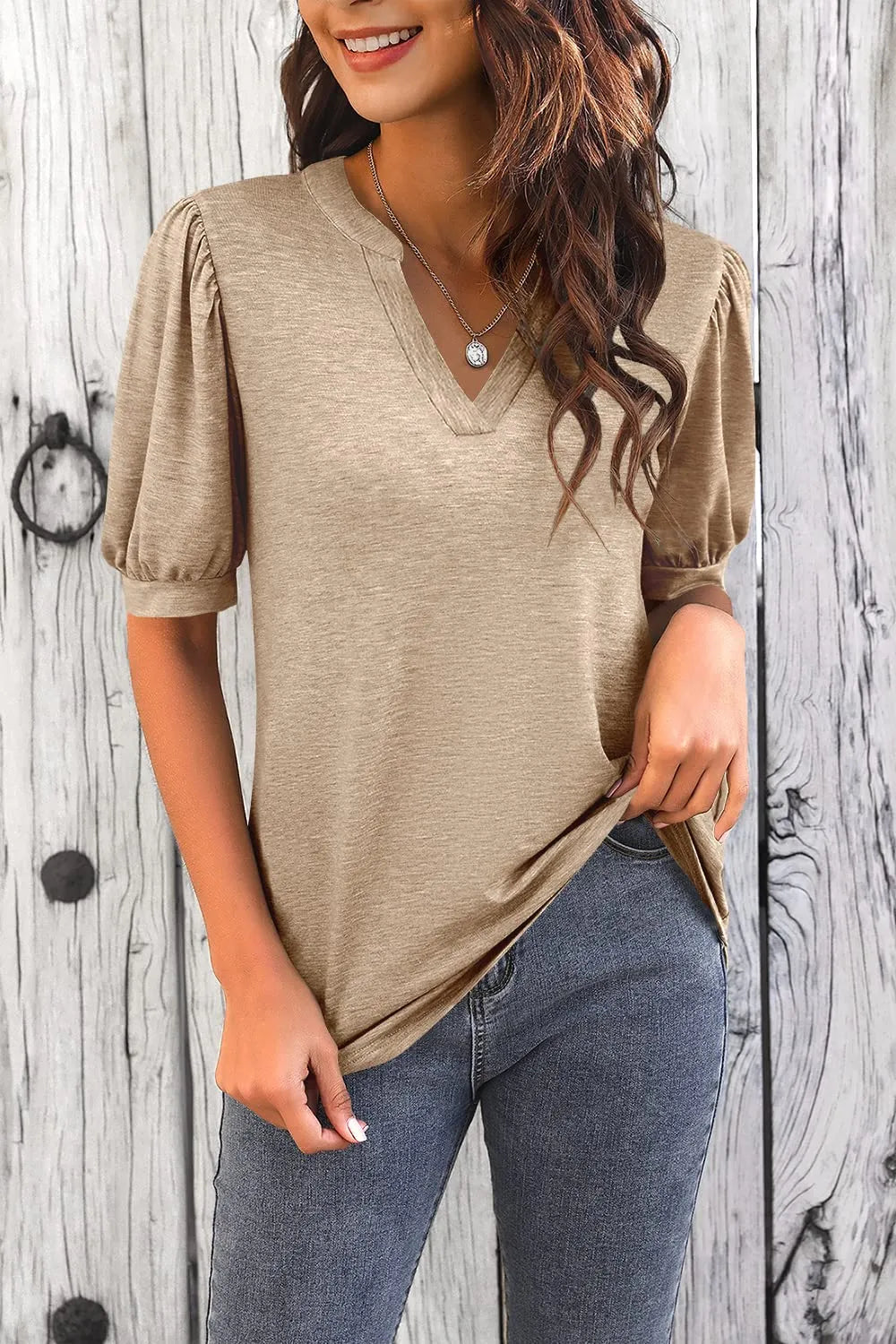 Women's Casual V-neck Solid Color Puff Sleeve Loose T-Shirt