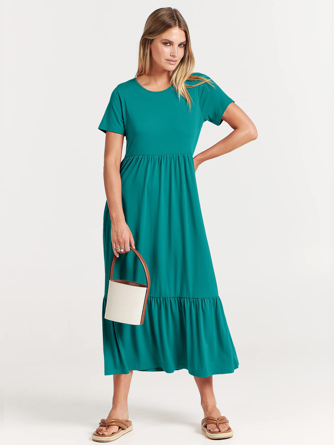 Women's A line Tiered Flowy Short Sleeve T Shirt Long Casual Maxi Dress