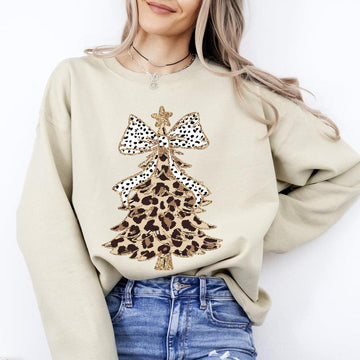 Leopard Print Christmas Tree Dalmatian Bow Crewneck Sweatshirt