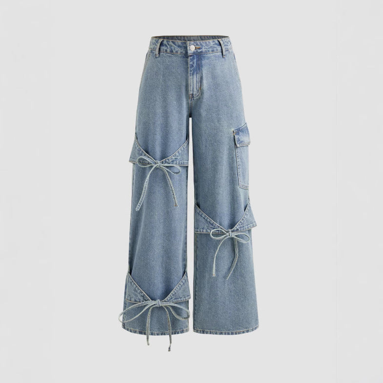 Bowknot Buckle Up Pocket Wide Leg Jeans