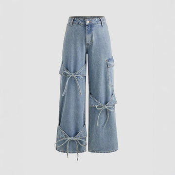 Bowknot Buckle Up Pocket Wide Leg Jeans
