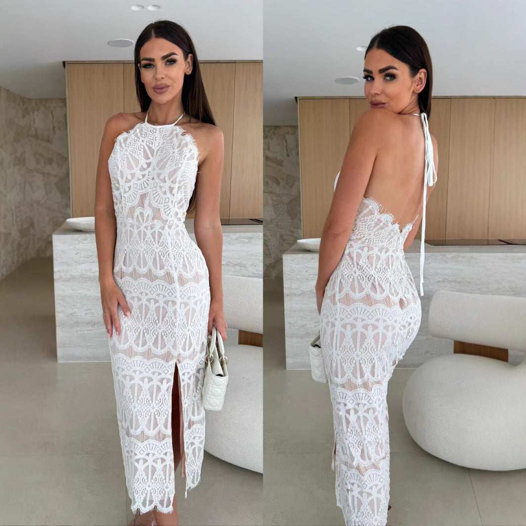 White Sexy Halter Slit Side Lace Midi Party Dress
