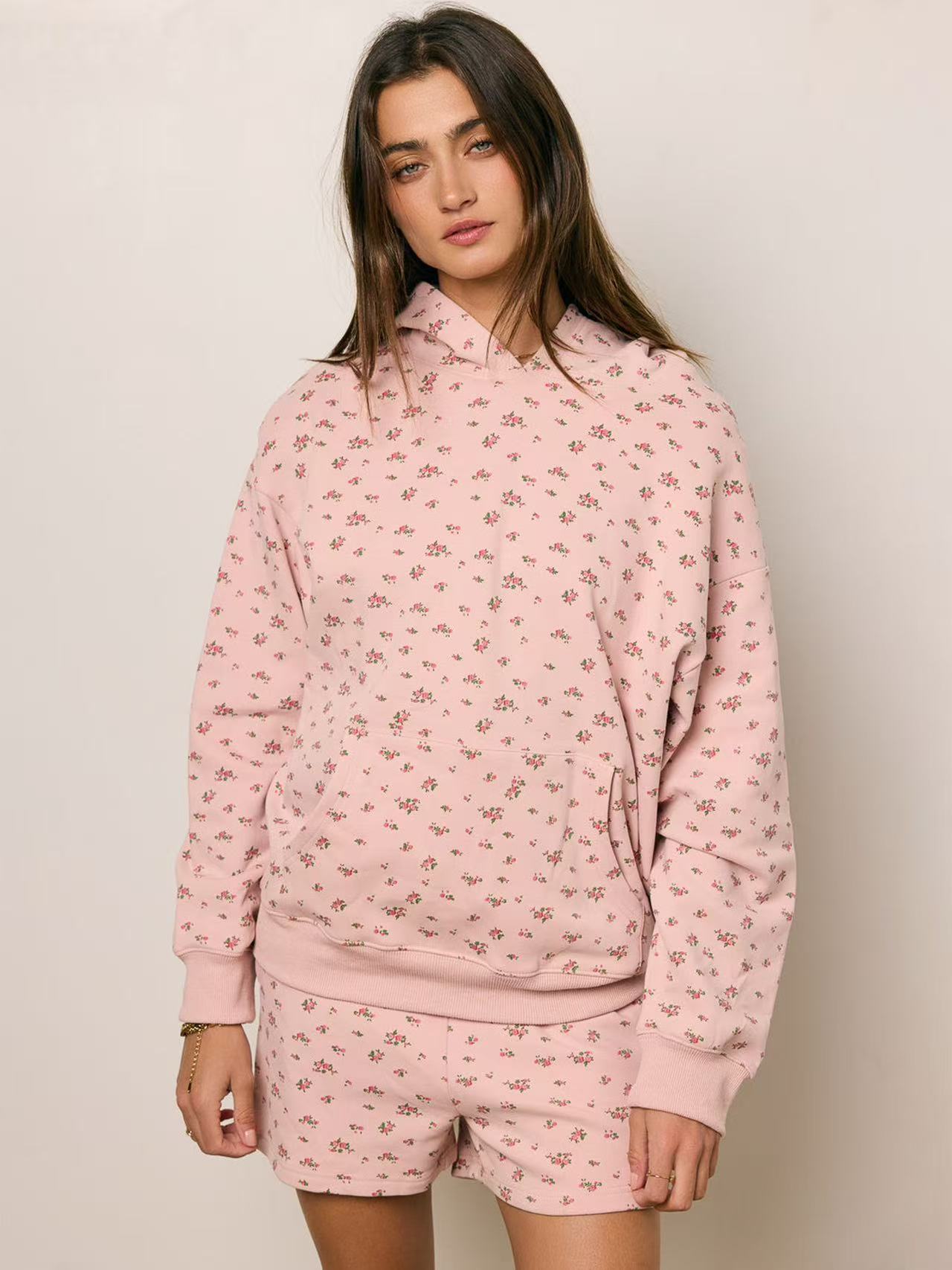 2025 Winter Women's Floral Print Hooded Sweatshirt Two-Piece Set