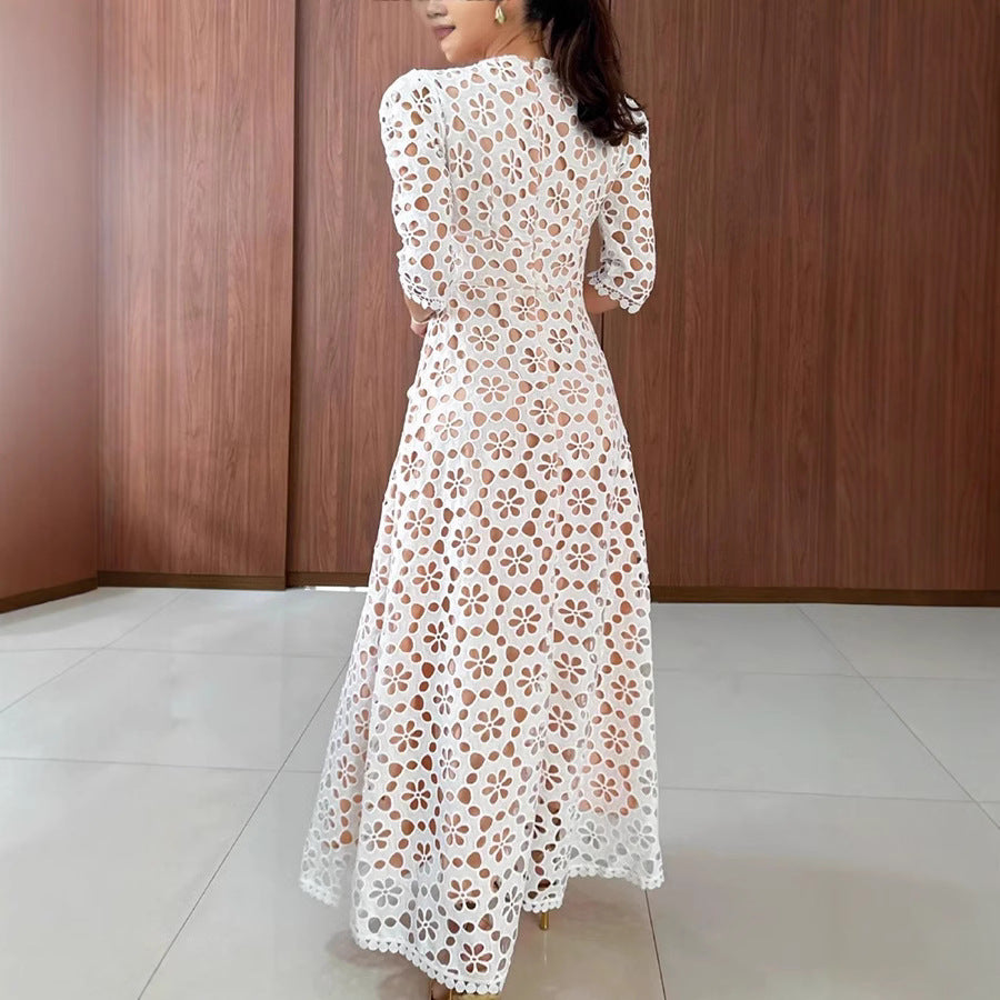Crochet Floral Lace Puff Sleeve Lined Maxi Dress