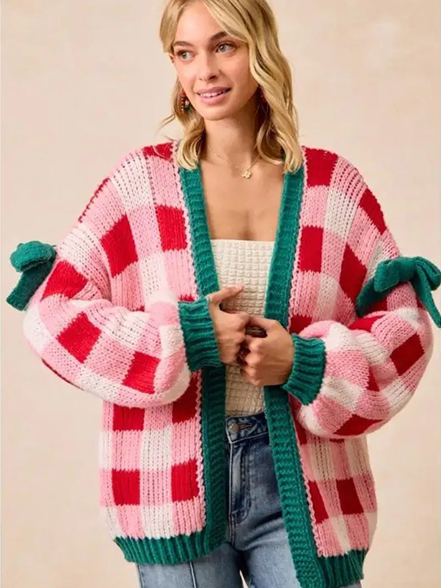Bow Sleeve Checkered Cardigan