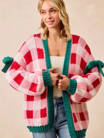 Bow Sleeve Checkered Cardigan