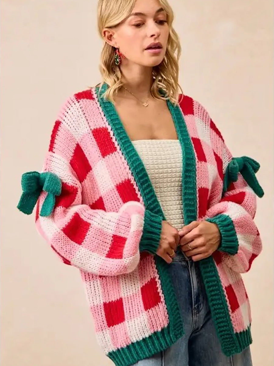 Bow Sleeve Checkered Cardigan