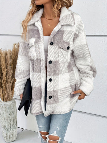 Women's Multicolored Plush Plaid Button Down Jacket Loose Coat with Pockets