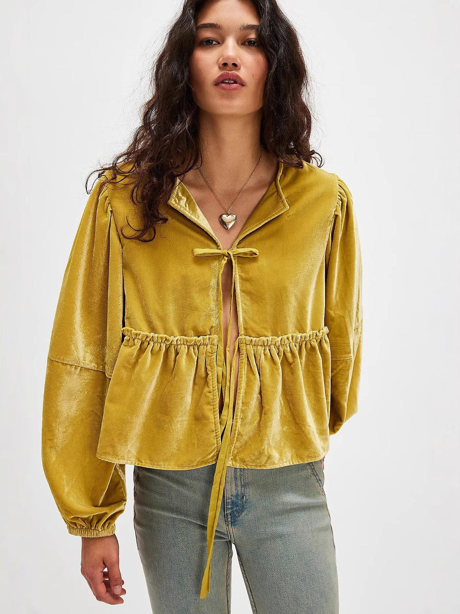 Velvet Blouse with Front Tie Details and Peplum Hem