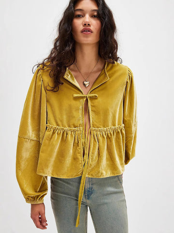 Velvet Blouse with Front Tie Details and Peplum Hem