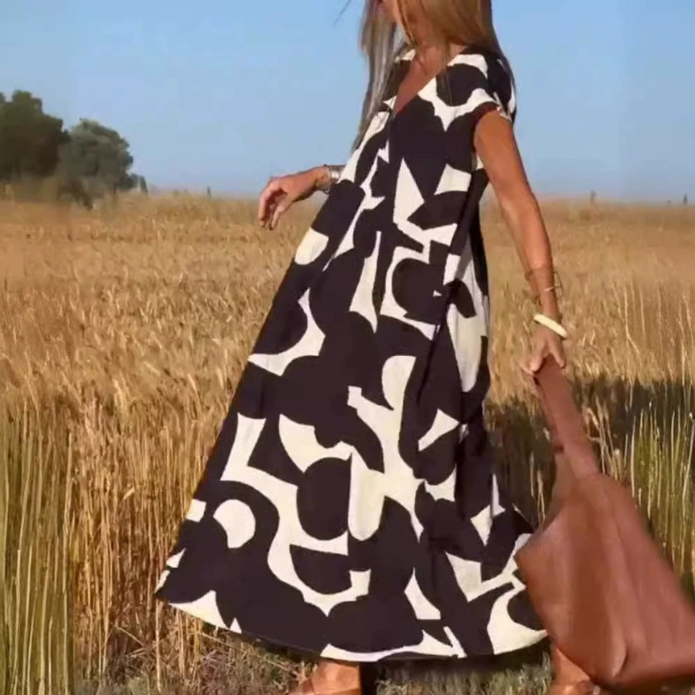 V-neck Printed Casual Commuting Dress