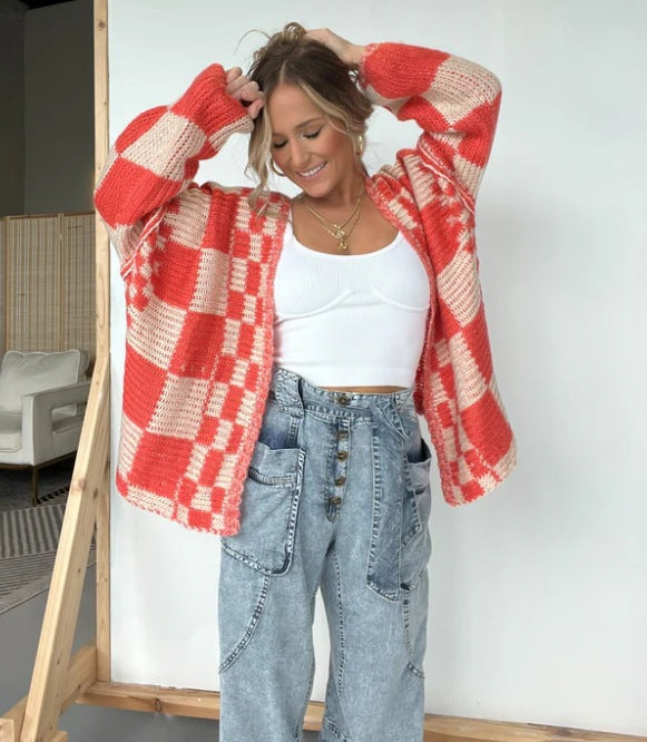 Women's 2025 Fall Long Sleeve Open Front Cardigan - Checkered Pattern Chunky Knit Outerwear Coat