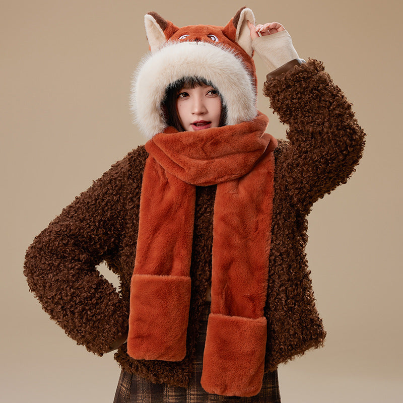 3-in-1 Plush Animal Hooded Scarf with Mittens