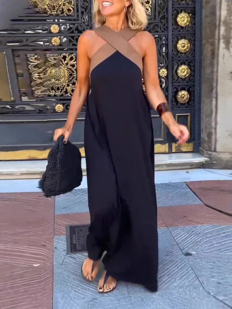 Women's Cross Halter Neck Sleeveless Stitching Dress