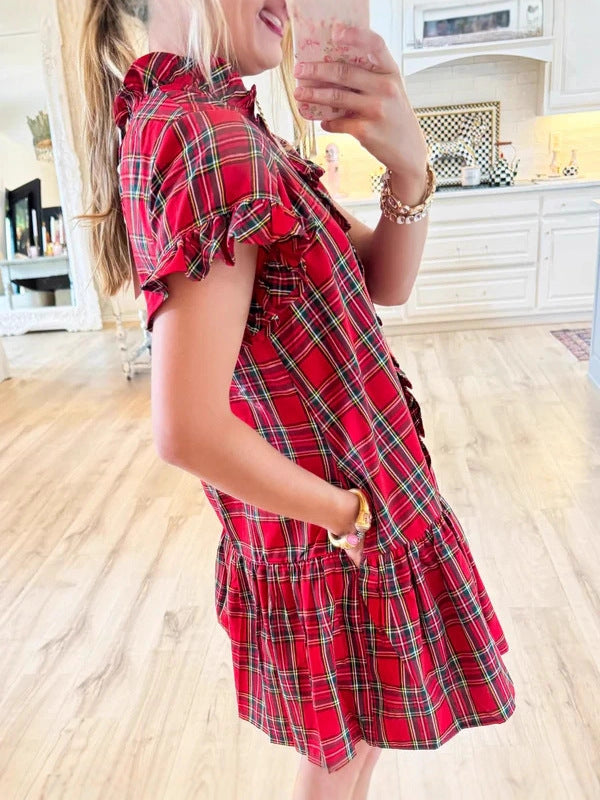 Red Plaid Mini Dress with Frilled Neckline and Button Front