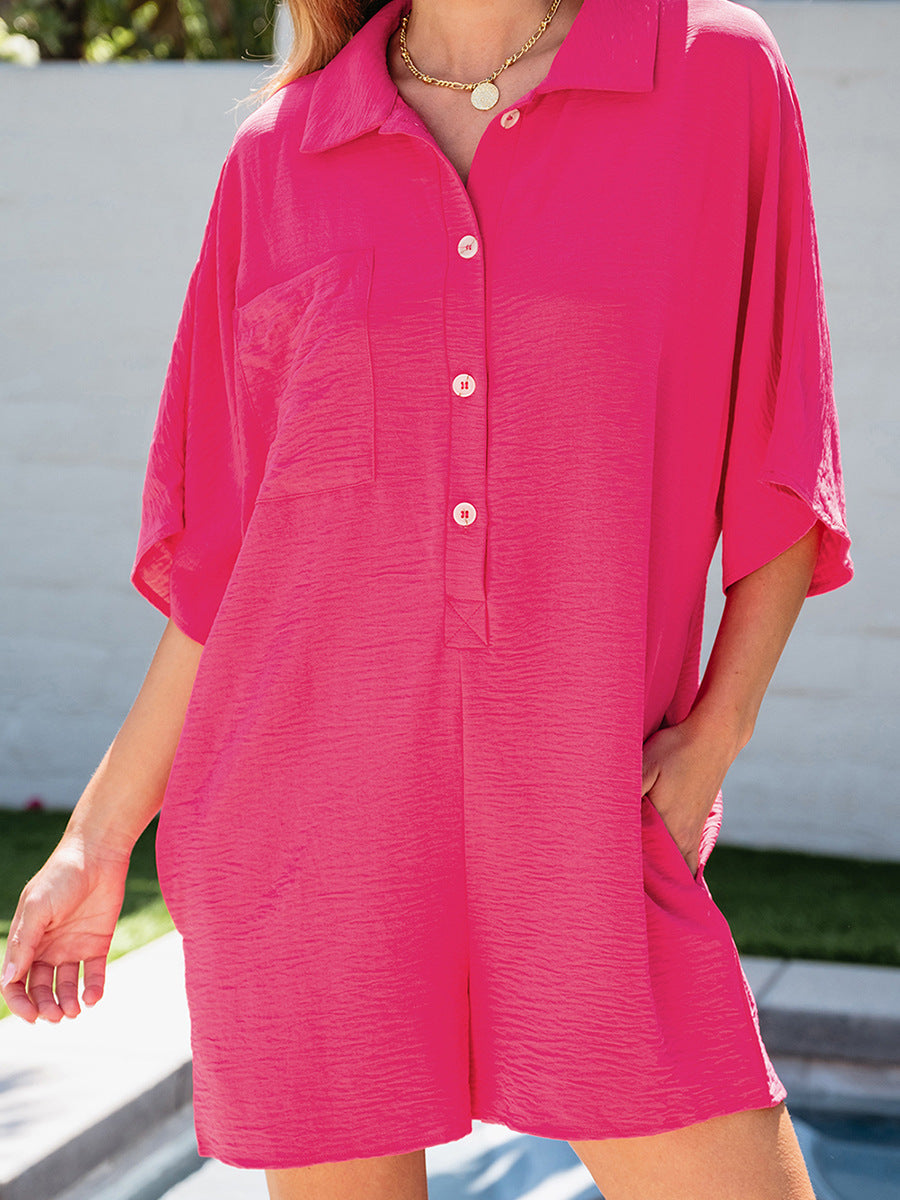 Women's Casual Button Wide Leg Jumpsuit Shorts with Pockets