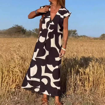 V-neck Printed Casual Commuting Dress