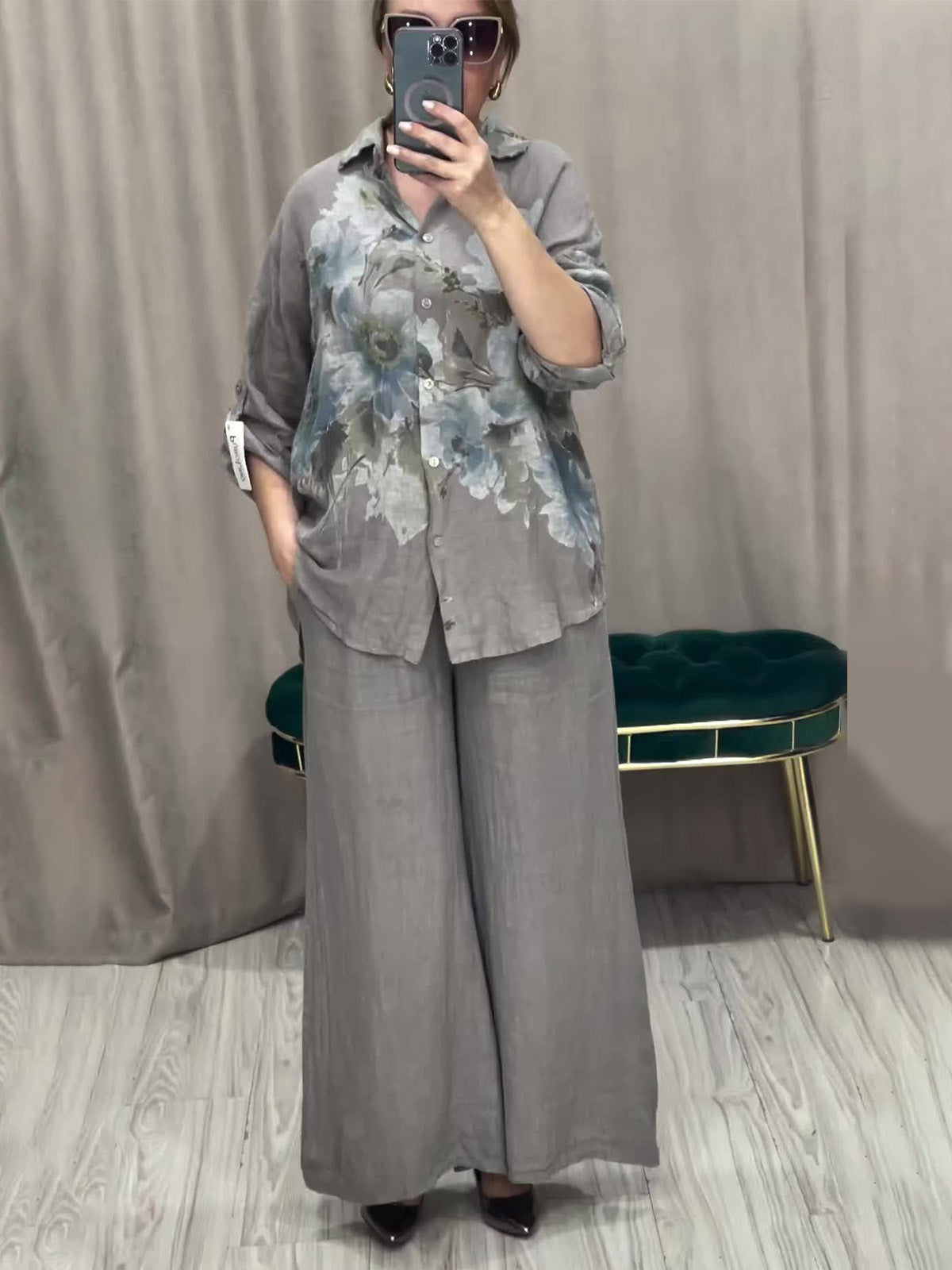 Women's Elegant Floral Print Blouse and Wide Leg Trousers Set