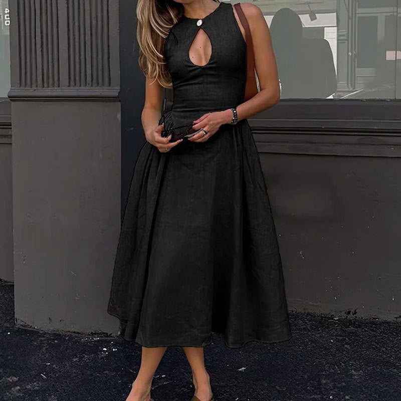 Cotton & Linen Pleated Cutout Long Dress Cotton & Linen Pleated Cutout Long Dress