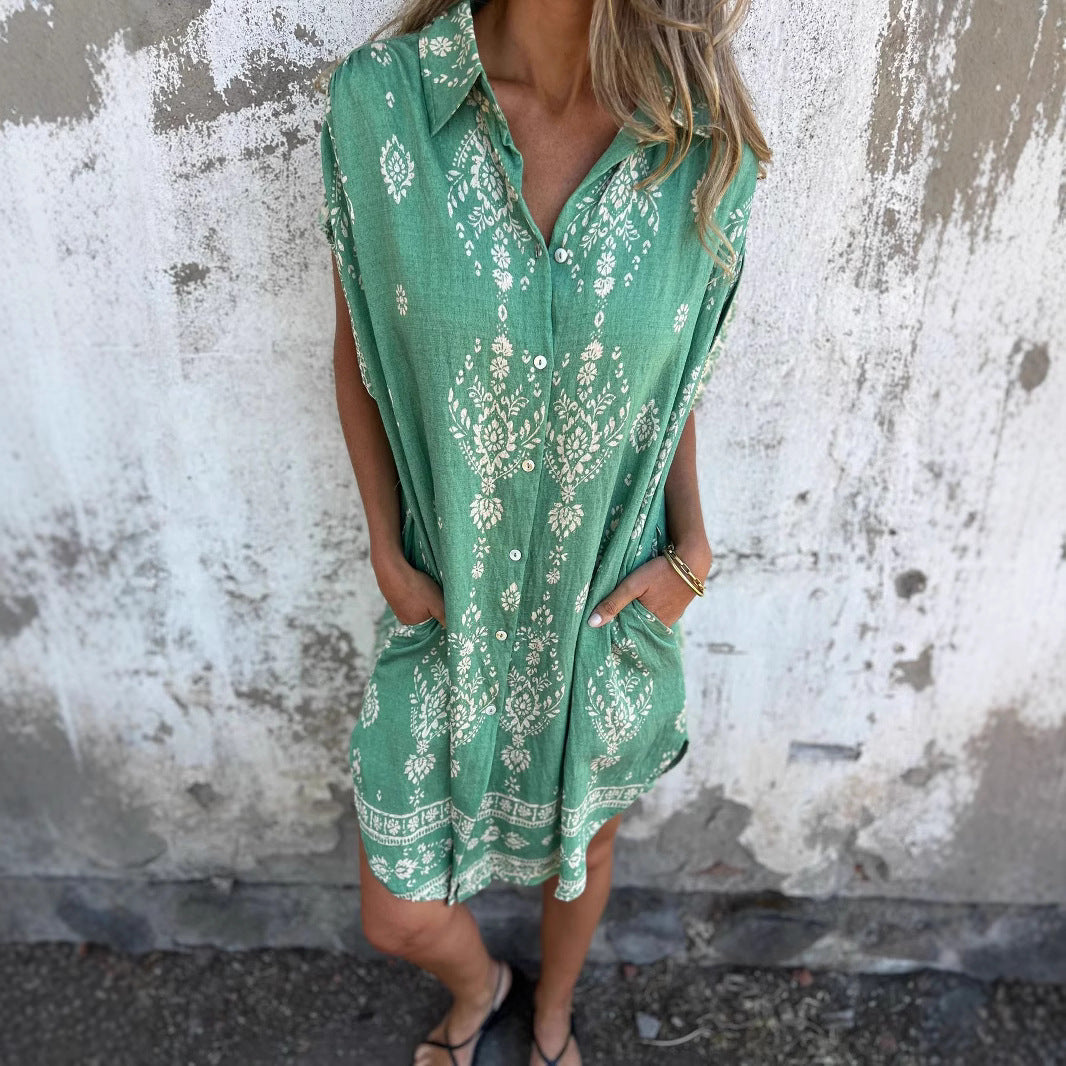 Casual Printed Short Sleeve Buttons Down Mini Dress with Pockets