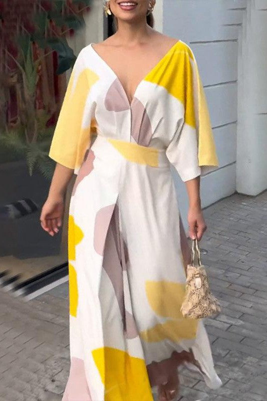 Abstract Print V-Neck Maxi Dress