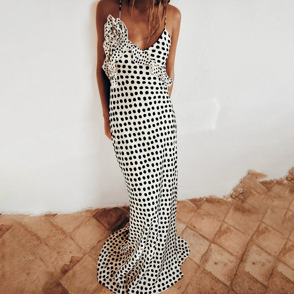 Sexy Polka Dot Backless Stringy Selvedge Contrast V Neck Long Dresses