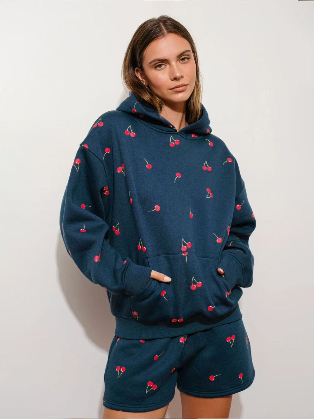 2025 Winter Women's Floral Print Hooded Sweatshirt Two-Piece Set