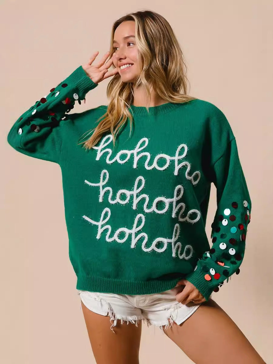 Green Christmas Sweater with Ho Ho Ho Letter Embroidery and Sequin Sleeves