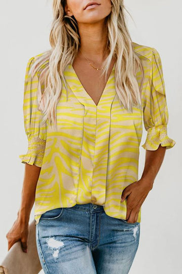 Women's V-neck Printed Pleated Cuffs Shirt Casual Tops