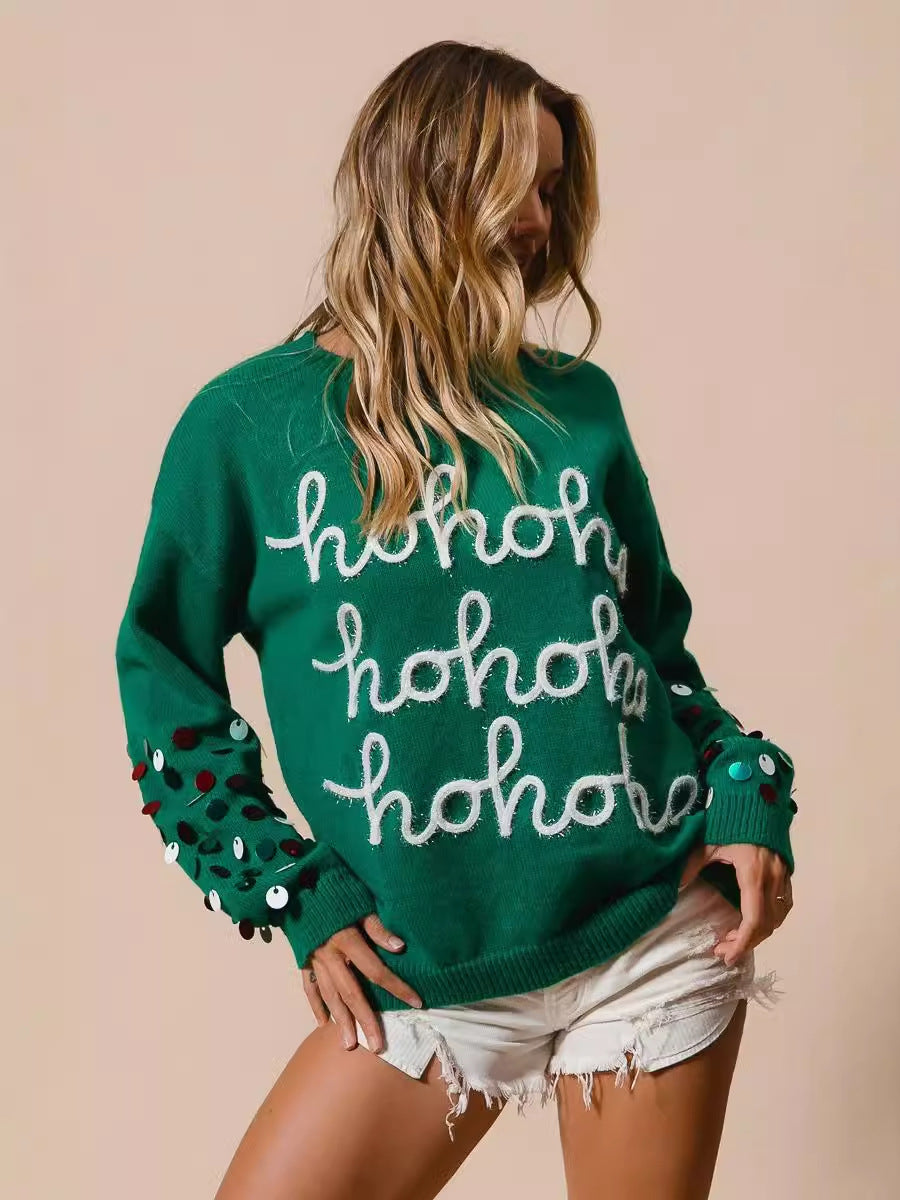 Green Christmas Sweater with Ho Ho Ho Letter Embroidery and Sequin Sleeves
