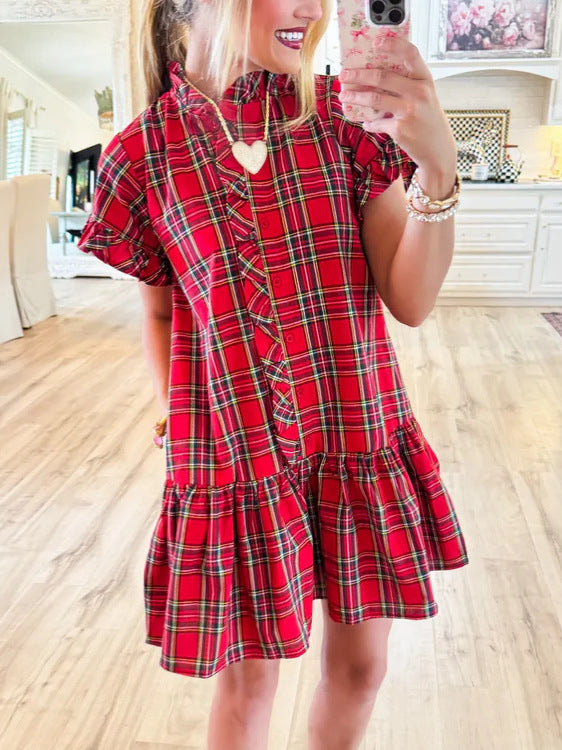 Red Plaid Mini Dress with Frilled Neckline and Button Front