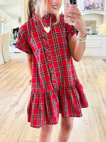 Red Plaid Mini Dress with Frilled Neckline and Button Front