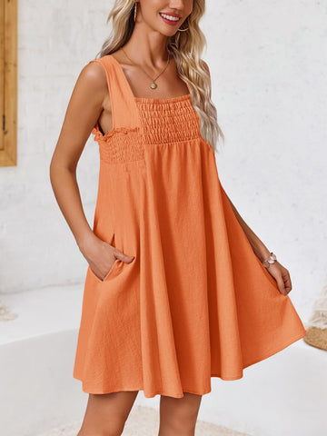 Women's Summer Casual Sleeveless Square Neck Smocked Swing Mini Dress