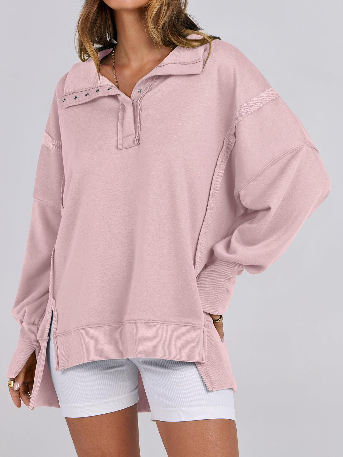 Women's Oversized High Low Split Button Up Henley Pullover Top
