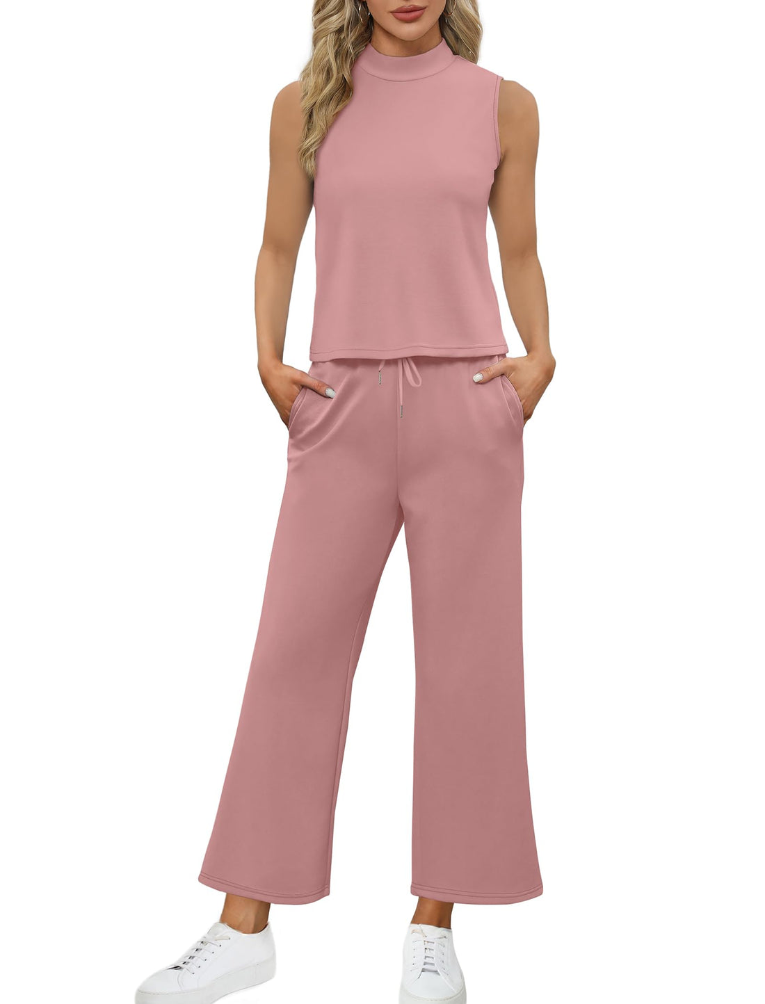 Women's Mock Neck Tops Wide Leg Crop Pants Travel Outfits
