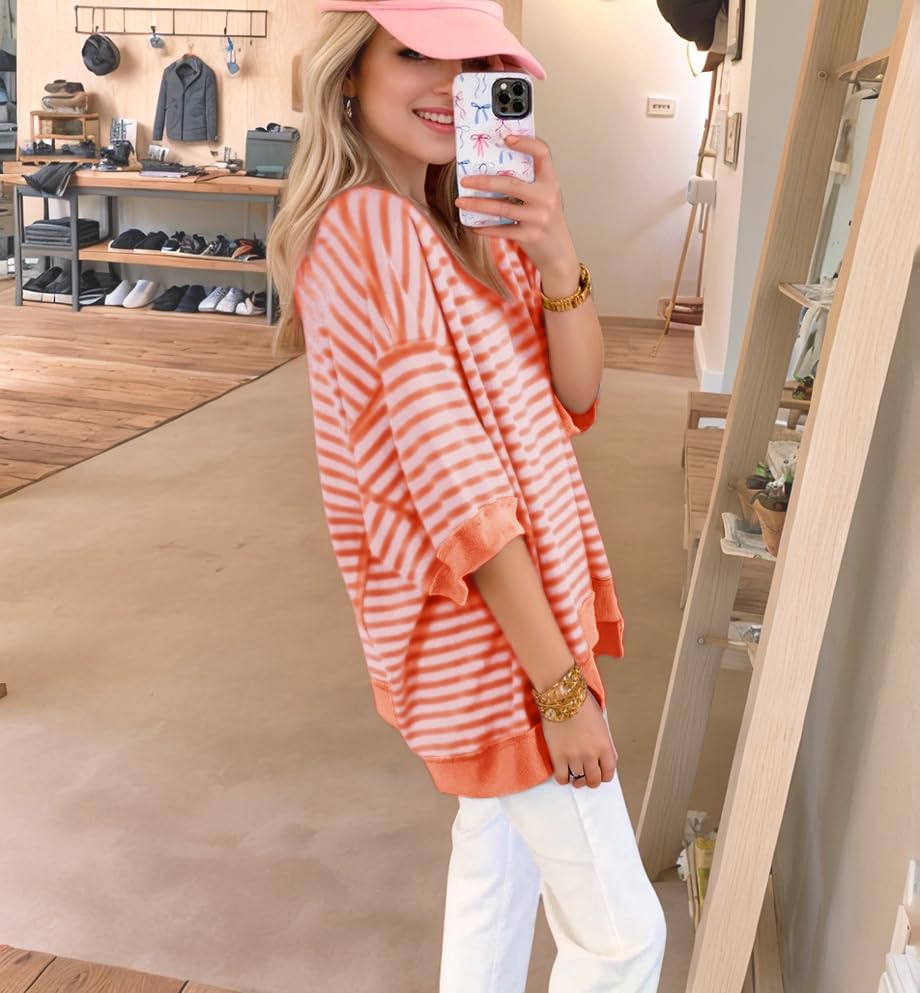 Women's Oversized Striped Color Block Half Sleeve Tops