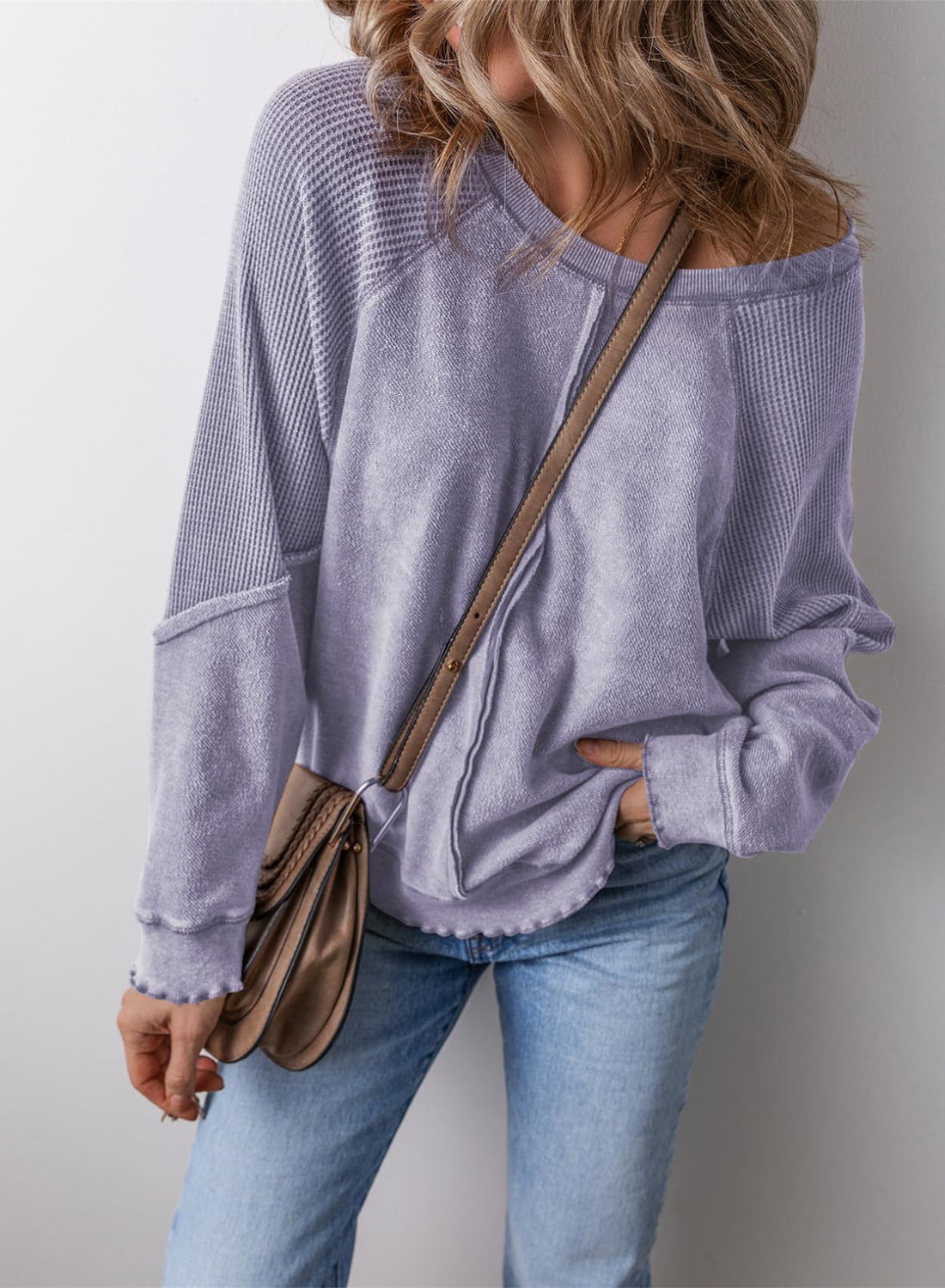 Women's Casual Crewneck Long Sleeve Waffle Knit Sweatshirt