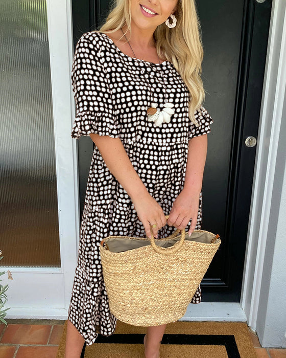Round Neck Polka Dot Print Midi Dress