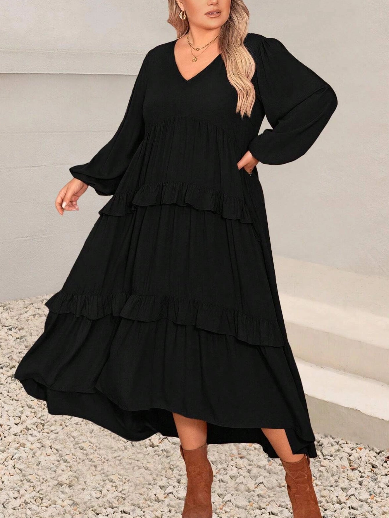 ✨Women's V-neck Solid Color Long Sleeved Layered Ruffle Dress (Buy 2 Free Shipping)